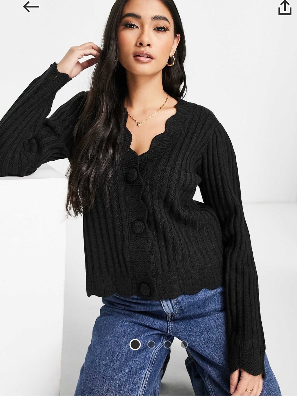YAS Scalloped V-Neck Black Ribbed Button Cardigan